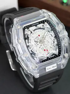 Men's Fashion Clear Acrylic Watch, Casual Sporty Analog Quartz Watch with Silicone Strap, Trendy Watch for Daily Life, with Box