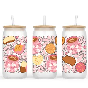 Talavera Pan Dulce Frosted Glass Cup With Bamboo Lid and Reusable Straw. Sizes 16oz or 20oz Available.
