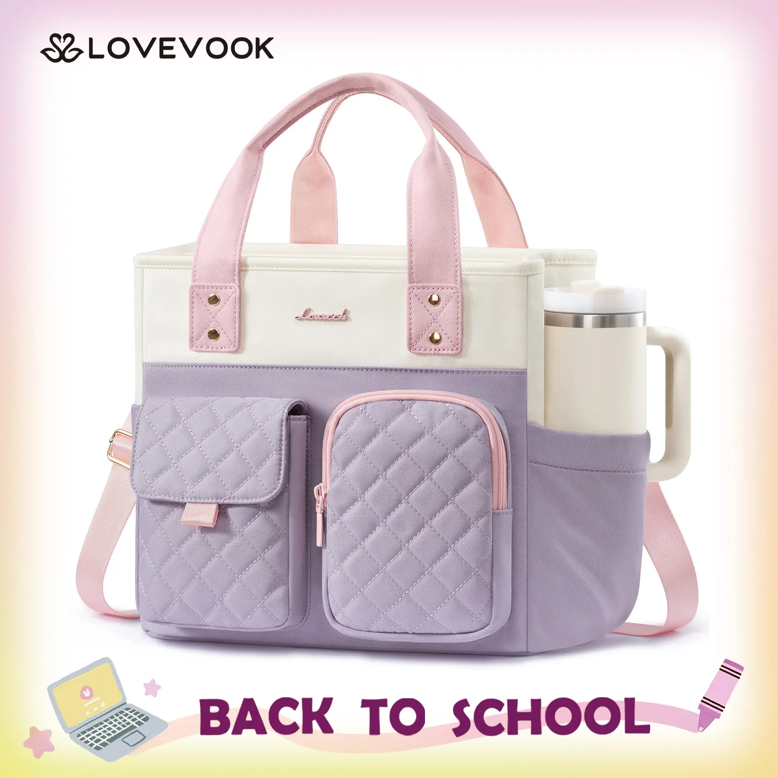 LOVEVOOK Lunch Bag for Women, Insulated Adult Lunch Box for Work, Wide Opening Leakproof Cooler Tote Bag for Office Campus Picnic Beach with Shoulder Strap, Loncheras Para Mujer with Cup Holder