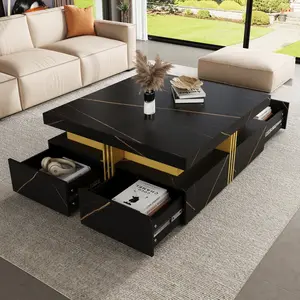 Square Coffee Table with 4 Drawers, White & Gold Accents, Modern MDF Construction, Ample Storage for Living Room, Multi-Functional Design for Drinks/Laptop/Decor