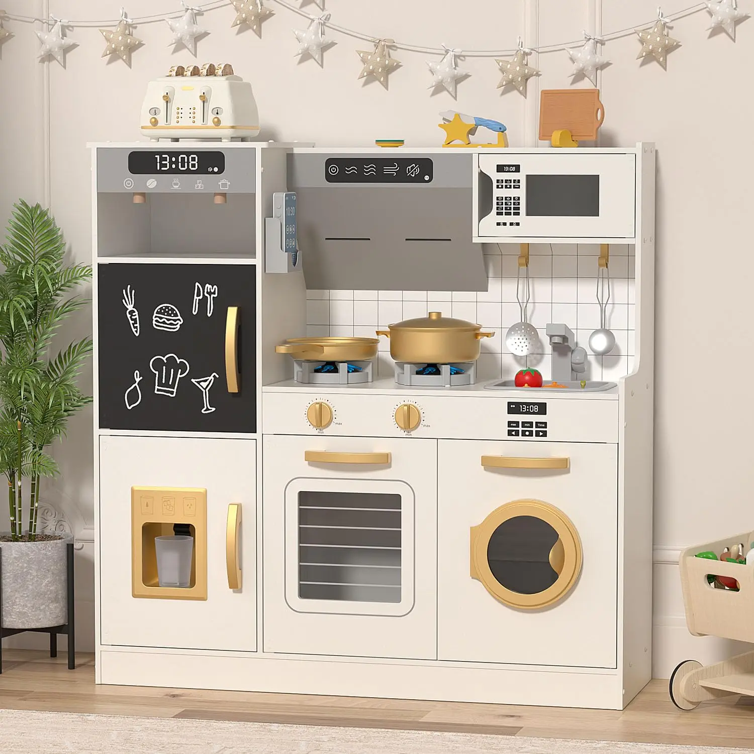 BIERUM Wooden Toddler Kitchen Pretend Play Toy - Phthalate-Free, Realistic Lights & Sounds, 28-Piece Tools, Boosts Creativity & Problem-Solving, Ideal Gift for Ages 3+