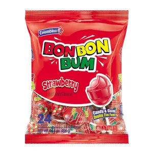 Colombina Bon Bon Bum Strawberry Lollipops, Fruit Hard Candies with Bubble Gum Center, 24 Individually Wrapped Sweet Snack
