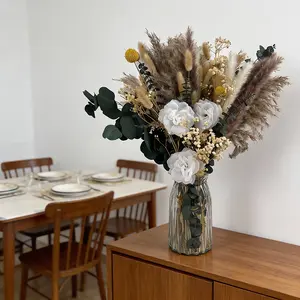 Boho Dried Flower Bouquet with Vase, Aesthetic Room Decor for Girls & Men, Pampas Grass, Bunny Tails, Perfect Plant Lover Gift & Home Decoration