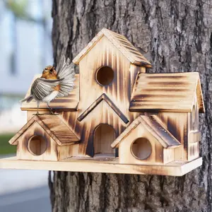 Wooden Birdhouse with Multiple Compartments, Ideal for Hummingbirds and Parrots, Outdoor Garden Decor, Farmhouse Style, No Battery Needed