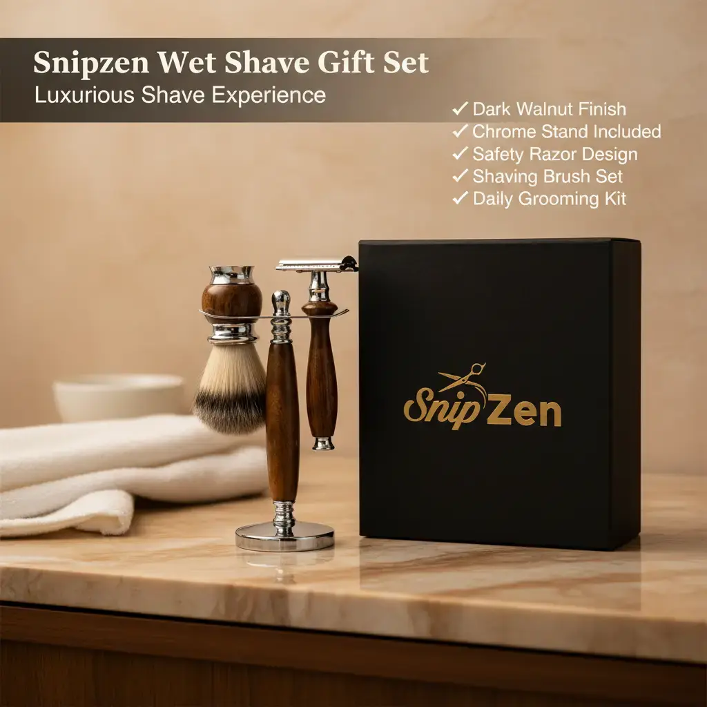 SnipZen Executive Wet Shaving Gift Set - Dark Walnut Safety Razor, Shaving Brush, Chrome Stand for Daily Men's Grooming