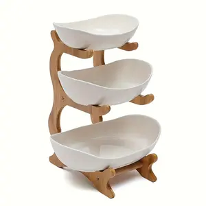 3-Tier Oval Fruit Basket with Bamboo Stand, Durable Polypropylene Kitchen Storage Rack with Natural Bamboo Finish, Modern Fruit Basket for Kitchen and Party Serving Tray, Display Riser