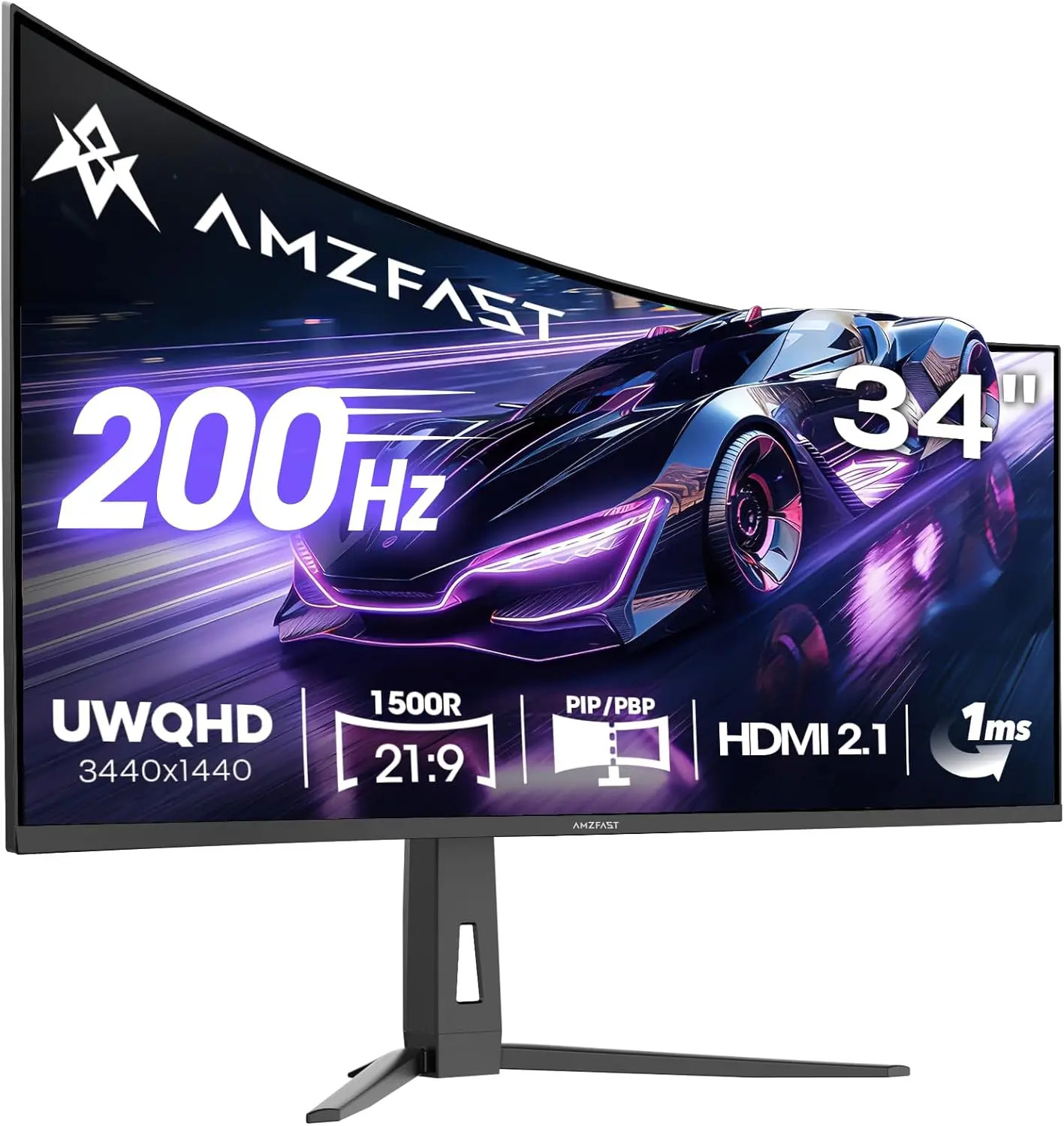 Amzfast 34" Ultrawide Curved Gaming Monitor, 3440x1440 UWQHD, 200Hz, 1ms, G-SYNC Compatible, HDMI 2.1, Height Adjustable