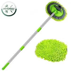 Car Wash Brush Mop Cleaning Tool with Long Handle Kit for Washing Detailing Cars Truck, SUV, RV, Trailer, Boat 2 in 1 Chenille Microfiber Sponge Duster Not Hurt Paint Scratch Free