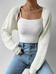 Women's Solid Raglan Sleeve Crop Cardigan Without Camisole, Casual Long Sleeve Knitwear for Spring & Fall, Women's Clothing for Daily Wear Everyday