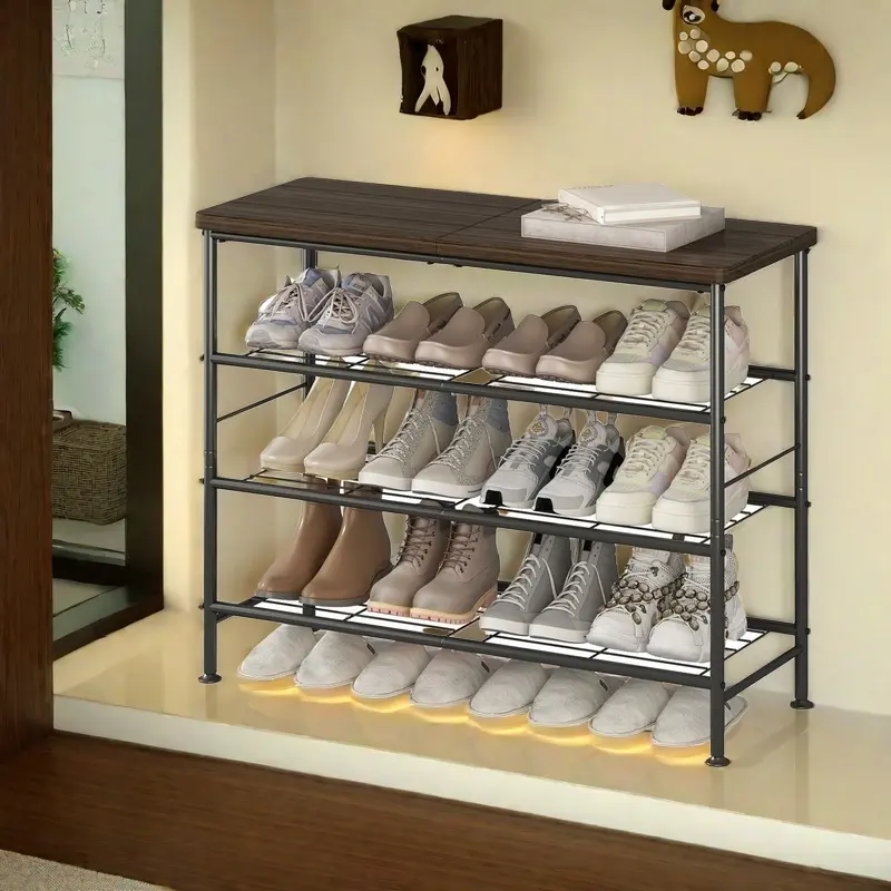 4 Tier Shoe Rack Organizer with MDF Top for Closet Entry Freestanding Metal Storage Shoe Rack entryway rack Wooden Kitchen