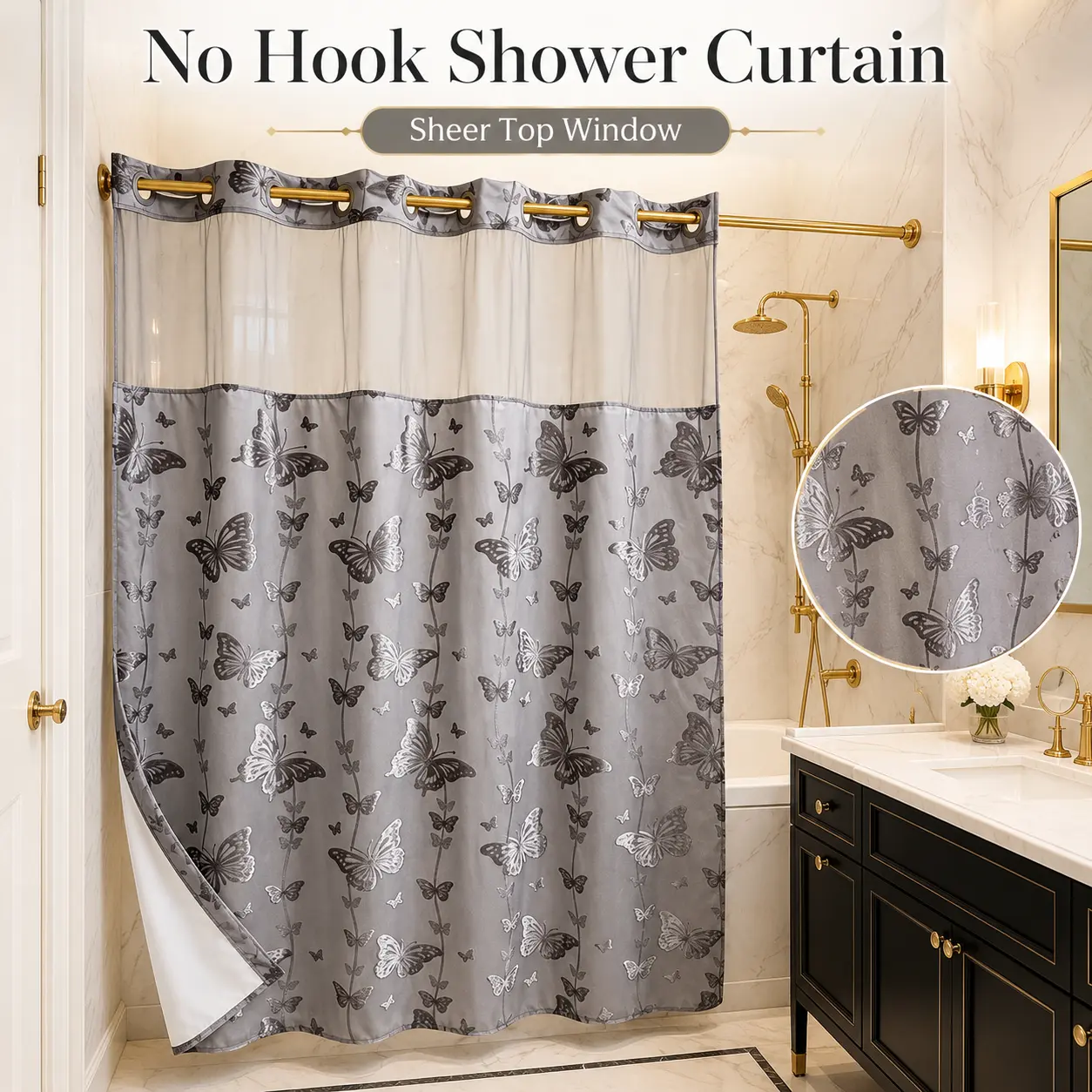 Silver-gray butterfly flocked double-layer hookless shower curtain with sheer top window, no-drill quick installation, easy to remove and clean, suitable for hotels, homestays, and modern home bathrooms, 71 × 74 inches