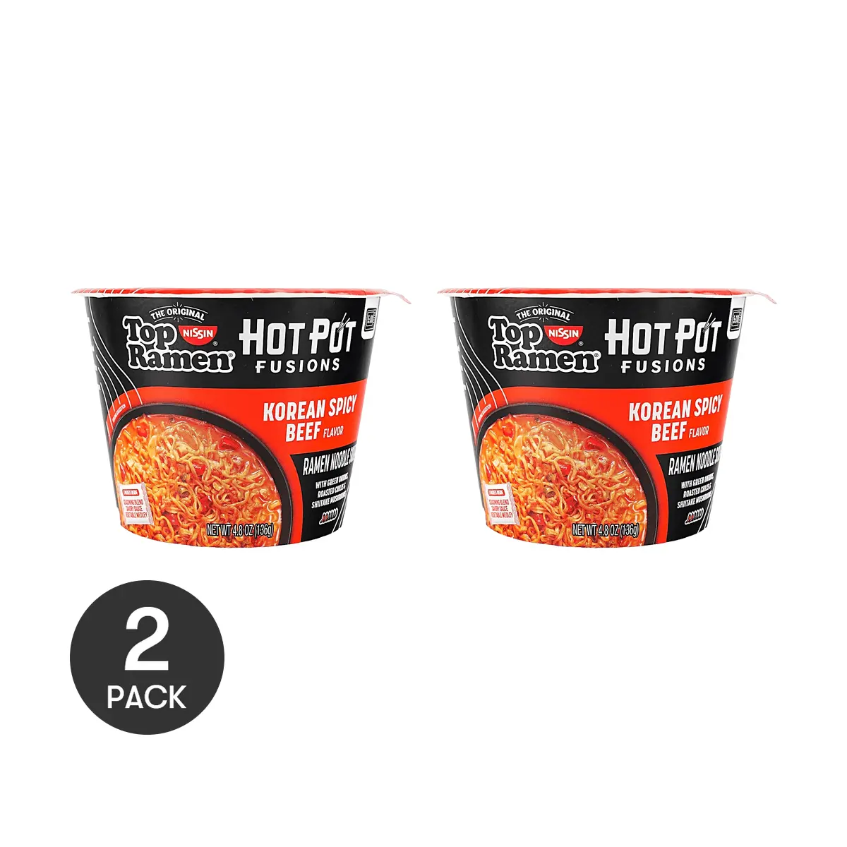 2 Pack Nissin Top Ramen Hot Pot Fusions Korean Spicy Beef Flavor - Microwaveable Large Bowl Instant Noodles (136g Each)