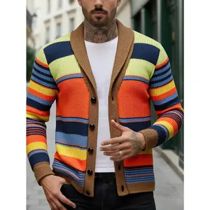 [Casual Men's Sweater] Casual Sport Men's Sweater | Color-Block Striped Design Cardigan with Mandarin Collar and Single-Breasted Buttons, Hemmed Edges for a Loose Fit, Clear Knit Texture, Retro Trendy Style