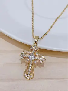 Gold Glitter Zirconia Cross Pendant Necklace Set with Colorful Gemstones, Glamorous & Trendy Jewelry, for Women, Daily & Party Wear