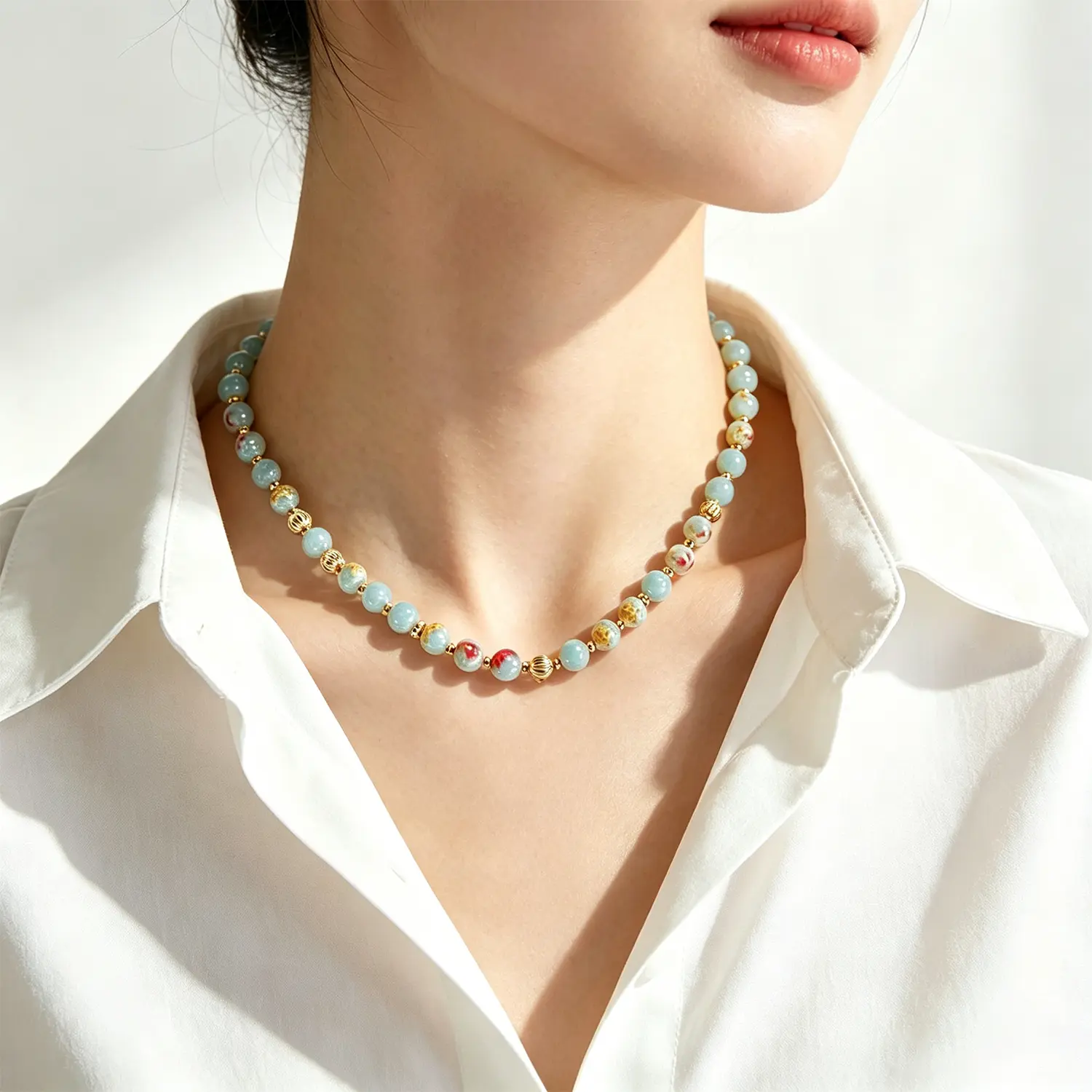 Trendy Mint Blue Natural Stone Beaded Necklace | Adjustable Dainty Gold Accent Summer Choker for Women Daily Vacation Wear, Happy Birthday, Beaded Necklaces, 25G, Blue Stones Necklaces