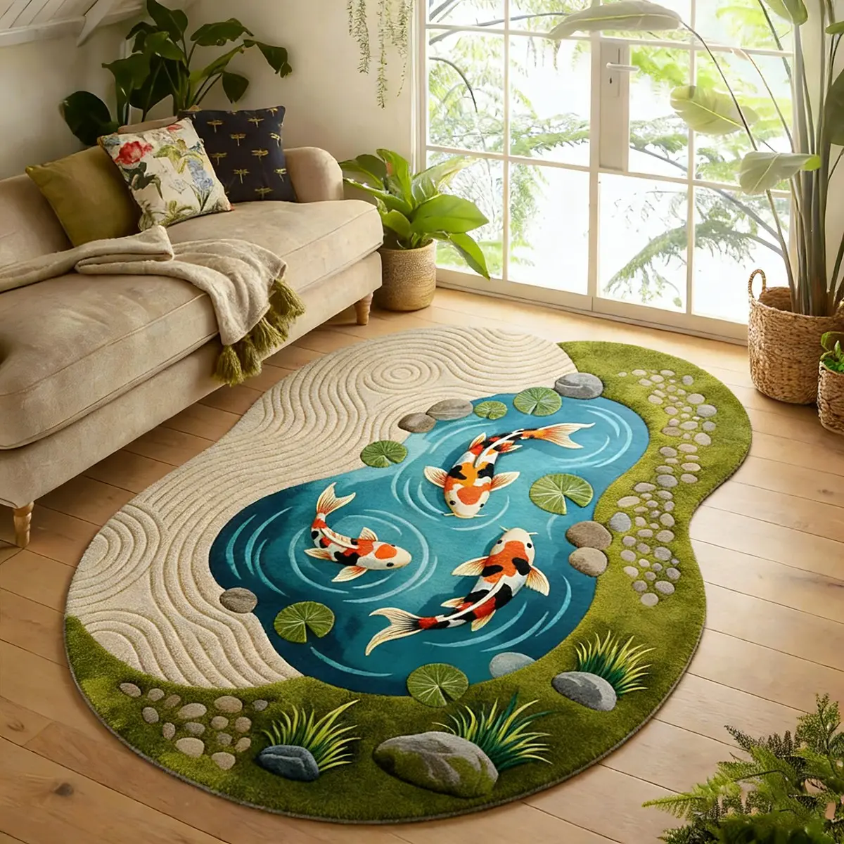 Water Wave Gradient Koi Fish Area Rug, Creative Non-Slip Washable Carpet, Decorative Rug, Vintage Plush Home Decor Rugs for Living Room & Bedroom, Perfect Gift for Friends