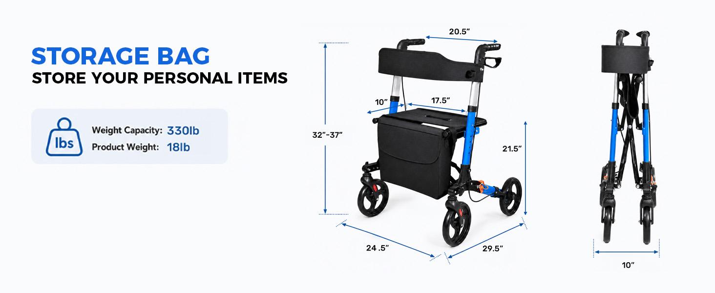 Foldable Rollator Walkers with Seat for Seniors, Big Wheels, 330 lb. Weight Capacity, Adjustable Handles and Seat Height, Lightweight Rolling Walker