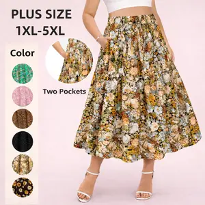 【Plus Size】Floral Maxi Skirt for Curvy Women Elastic High Waist A-Line Tiered 2 Pockets Soft Lightweight Breathable Fabric Adjustable Drawstring 1XL-5XL