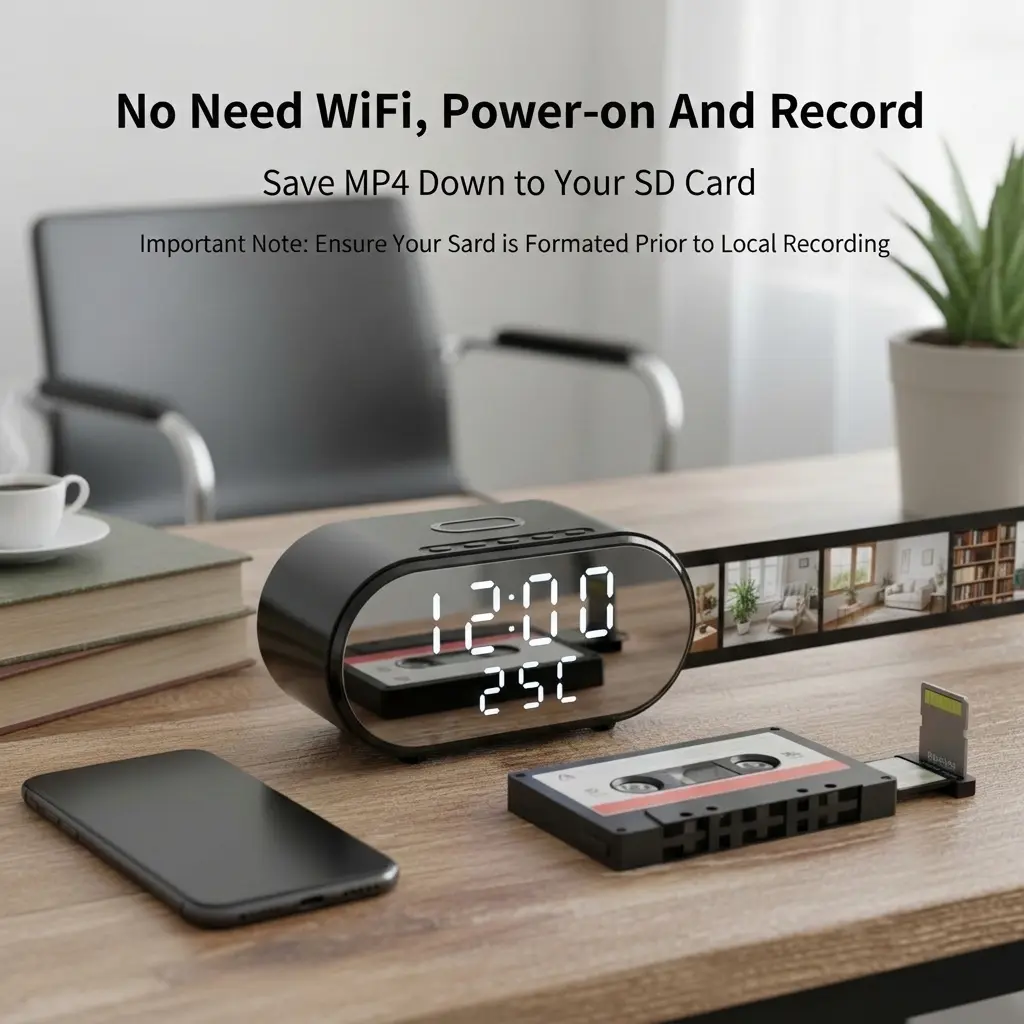 Ouvis Cloud Storage Optional 4K UHD WiFi  5-in-1: Wireless Charger, Clock, Alarm, Room Thermometer | Remote Viewing, Local SD Storage (Not Included), Motion Detection | Home Office Hotel Security