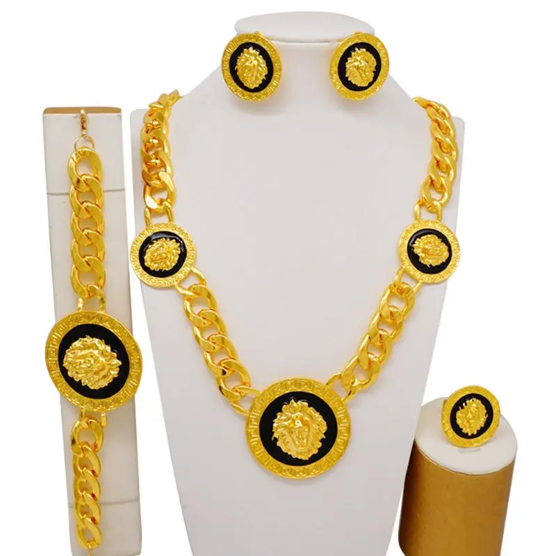 Women's Gold Fashionable 4-Piece Alloy Jewelry Set - Chain Long Necklace with Drop Pendant, Earrings, Bracelet, Ring, Septum Jewelry, Glamour for Party Wear, Gold Jewelry Set