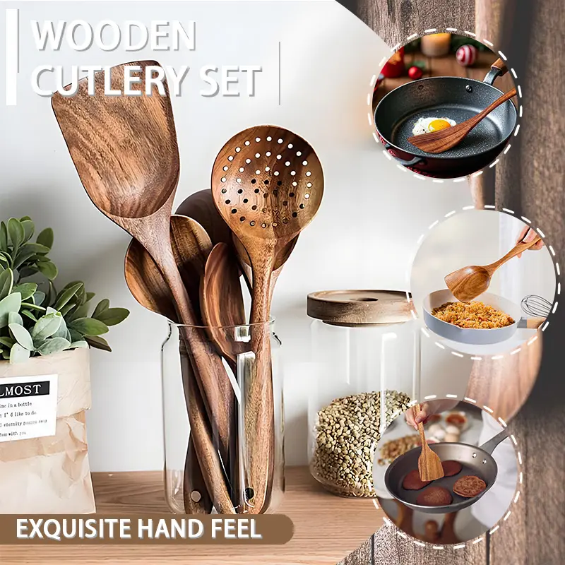 5-Piece Durable Premium Wooden Kitchen Utensils Set - Solid Spoon, Tablespoon, Sauté Spatula Turner, Ergonomic Handles, Hanging Holes, Natural Eco-Friendly Wood, Cookware-Safe, Heat-Resistant, Easy-Clean for Everyday Cooking