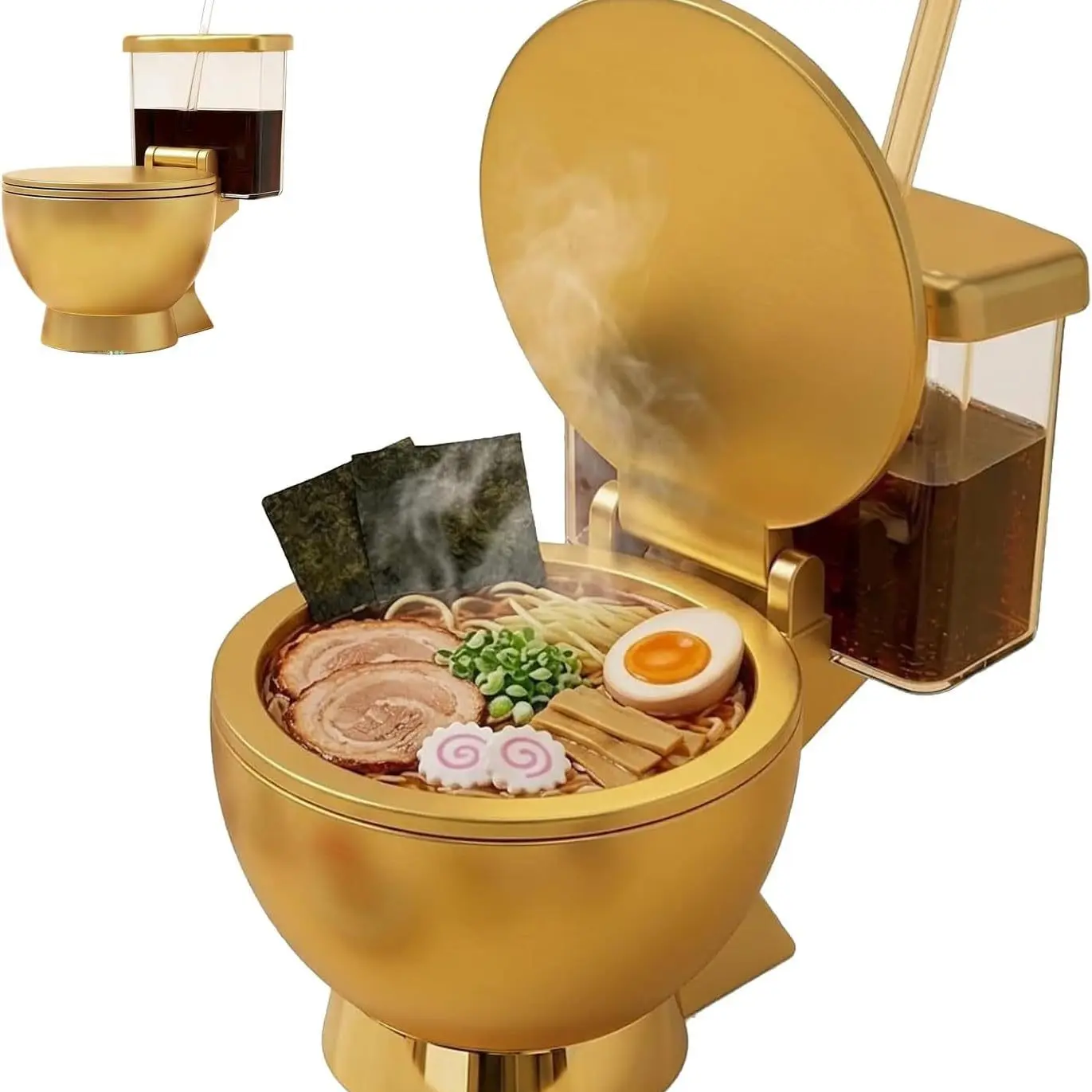 Golden Toilet Shaped Ramen Bowl Set with Lid & Side Drink Cup, Funny Novelty Toilet Bowl Noodle Soup Bowl, Unique Gag Gift Ceramic Instant Ramen Container for Ramen Lovers Prank Party Decor