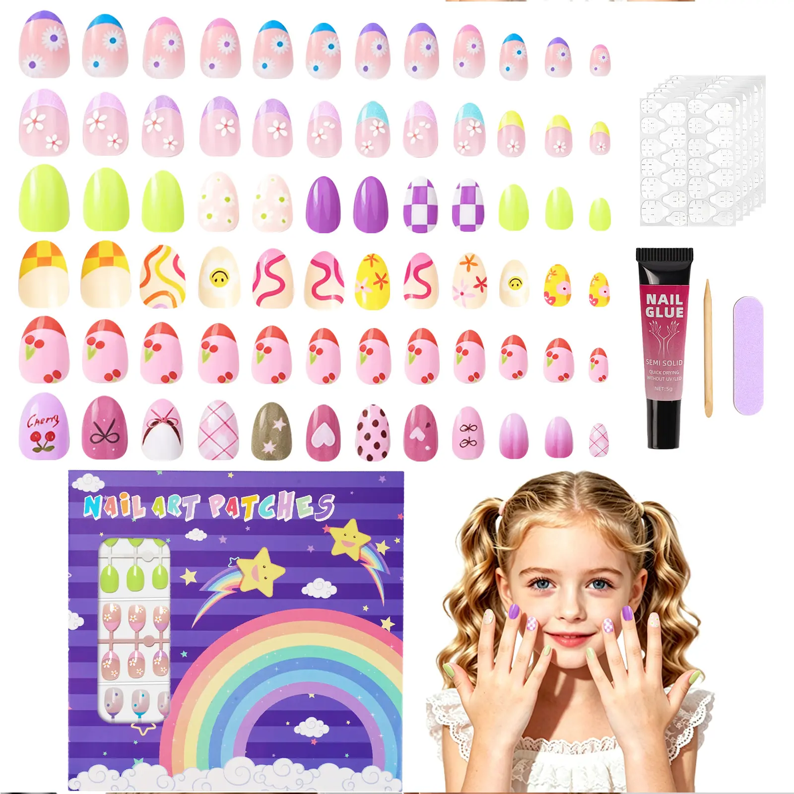 144PCS Girls Fake Nails Set, 6 Colorful Floral Press On Nail Designs with Almond Tips & Jelly Glue, Easy DIY Manicure Kit for Kids Ages 3-12