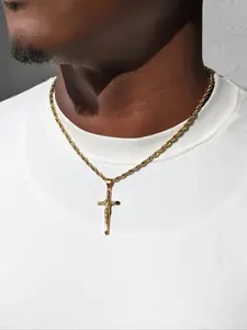 New Men's Crucifix Necklace, Jesus Crucifix with Twisted Chain, Fashionable Versatile Gift for Father and Men, 18k Gold Plated Cross Design Pendant