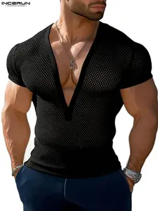 INCERUN Men's Summer Solid Color Mesh Hollow Out Short Sleeve T-Shirt, Breathable and Comfortable, Perfect for Warm Weather