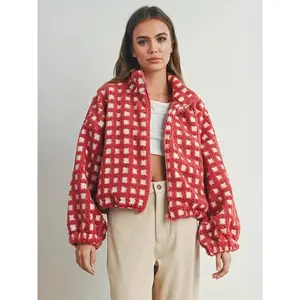 Women’s fashionable plaid stand-up collar jacket, autumn and winter thick knit fitted outerwear, casual plaid design GARMENTARY