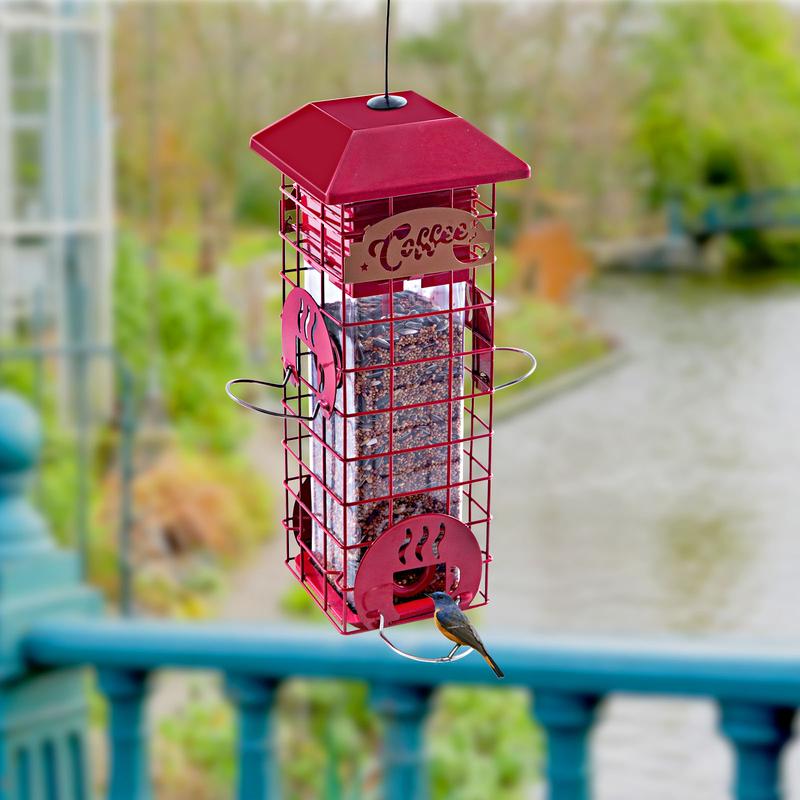Squirrel Proof Bird Feeders for Outdoors Metal Mesh Hanging Bird Seed Feeders for Outside Pole Weight -Activated & 4 Adajustable Perschs 2.2 lbs Capacity (Red)