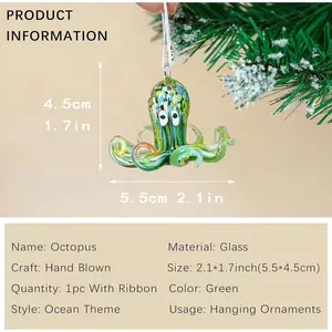 2'' Art Glass Octopus Coastal Hanging Ornament Blown Glass Sea Animal Pendant Collection for Christmas Tree & Beach Holiday Decoration