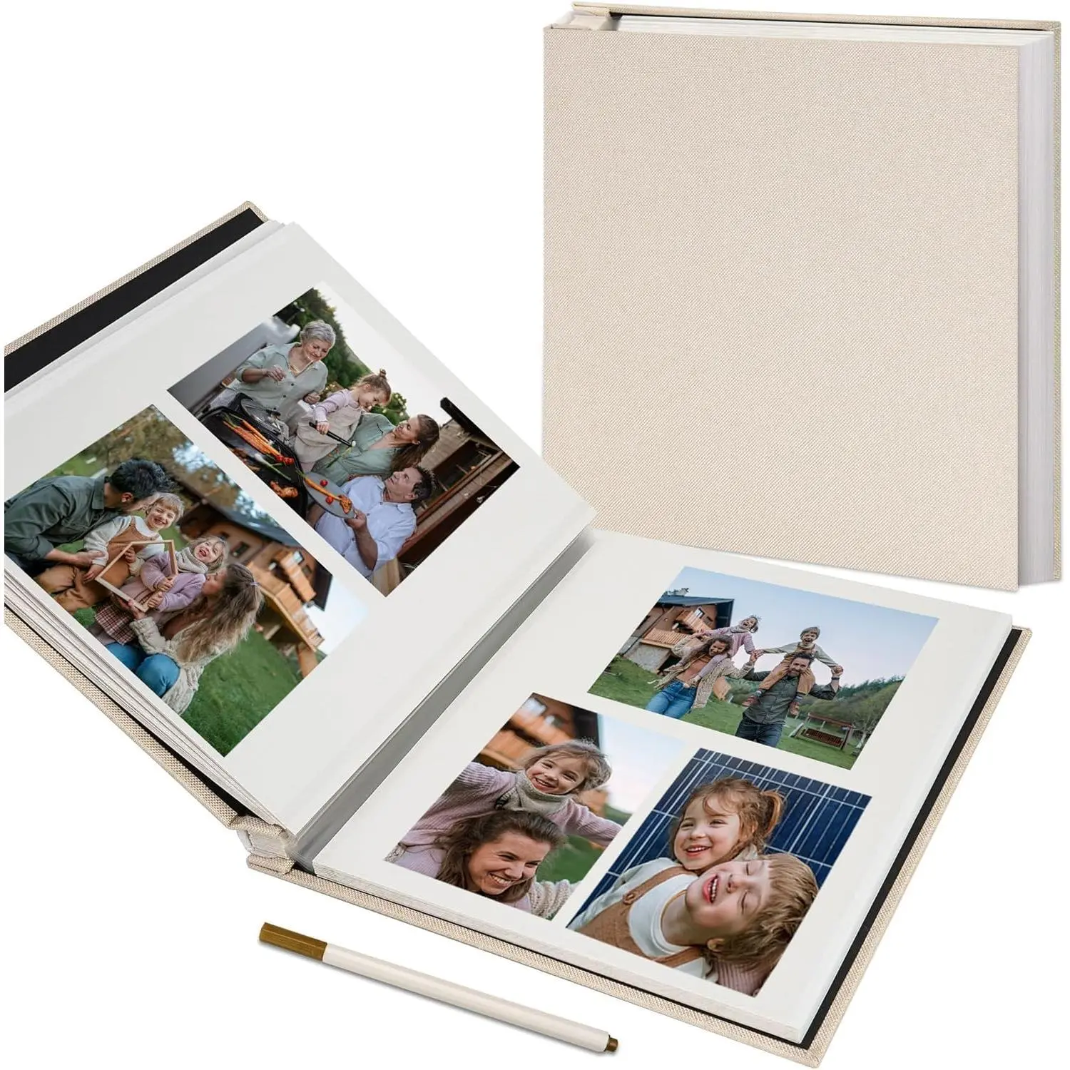 Beige Large Self-Adhesive Scrapbook Book, DIY Album for 4x6, 5x7, 8x10 Photos, 40 Sticky Pages with Metallic Pen