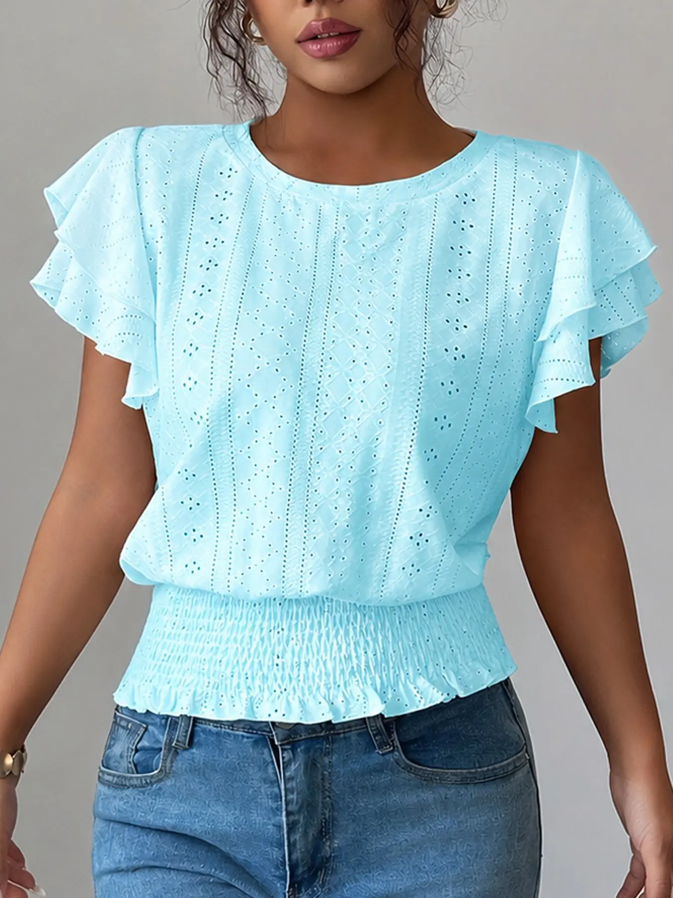 Women’s Cute Eyelet Ruffle Sleeve Smocked Waist Short Sleeve Blouse T-shirt polo shirt