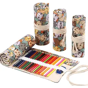 F-PCB07  24/36/72 Slots Pencil Wrap - Roll Up Bag for Artist Colored Pencils, Short Brushes, Drawing & Sketching, NO PENCILS (Cuddly Cat, 24slots)