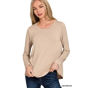 Zenana Flowy Round Hem Rayon Long Sleeve Top