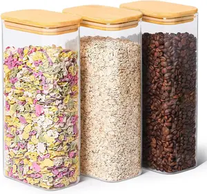 2 Qt Rectangle Glass Storage Containers with , Glass Jars with  , Clear  Jar, Square Canister Set of 3, Pantry Organizers and Storage for Flour Pasta Coffee Bean