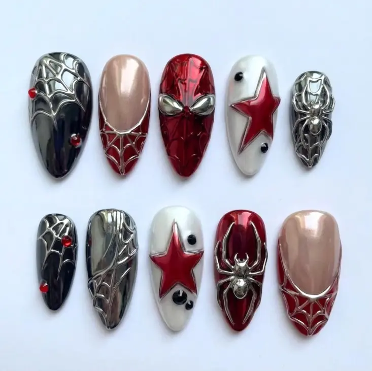 Red Chrome Spider Hero Press On Nails | 3D Metal Spider, Web & Star Almond Fake Nails | Silver Black Comic Inspired Gel Set