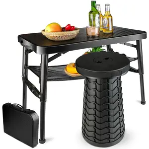 Portable Folding Table and Stool Set, Lightweight Foldable Table & Collapsible Stool for Camping Picnic Beach Fishing, Sturdy Small Outdoor Table with Mesh Layer Storage