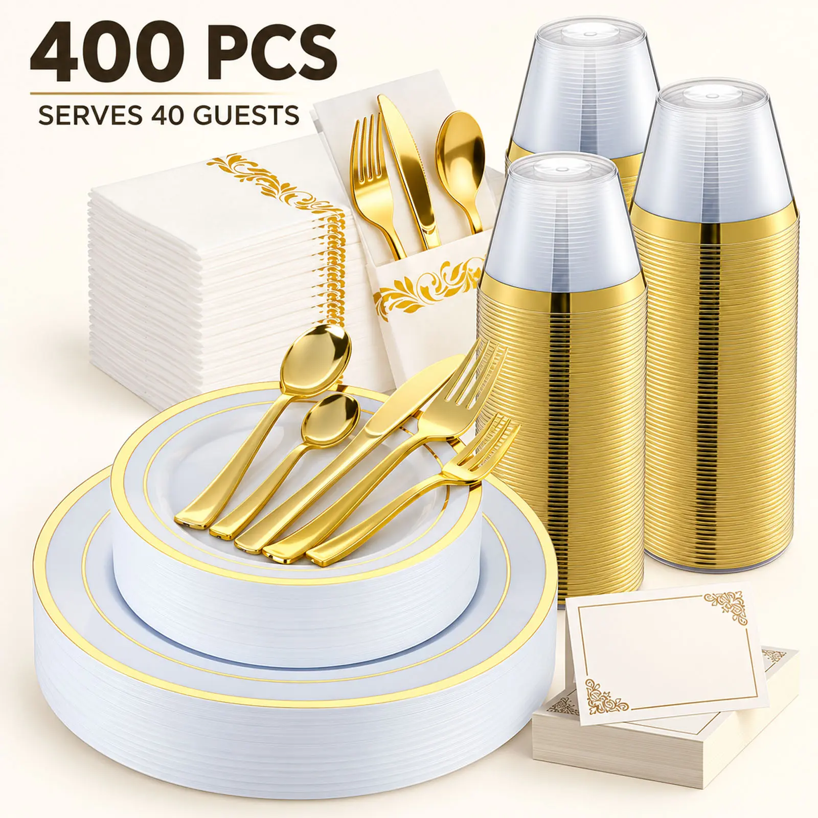 400pcs Elegant Golden Disposable Plastic Dinnerware Set for 40 Guests, 10pcs Place Settings, Including 80 Plates, 40 Place Cards, 40 Cups, 80 Spoons, 80 Forks, 40 Knives And 40 Napkins, for Weddings, Parties And Graduation
