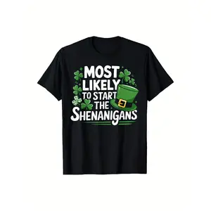 Funny "Most Likely to Start the Shenanigans" St Patrick's Day T-Shirt - Retro Shamrock & Top Hat Graphic Print, Black Tee Suitable for Casual Attire, Gift for Dad, Husband, Irish Parties, Machine Washable Casual Round Neck Shirt