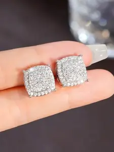 Shiny Geometric Stud Earrings for Women, Hip-Hop Versatile Personalized Jewelry, Elegant Commuter Style, Zinc Alloy Rhinestone Design