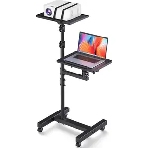 2 Shelves Projector Stand Tripod, Mobile Laptop Cart on Wheels Projector Tripod Stand Adjustable Height 45 to 64 Inches, Overbed Table with Wheels, Rolling Laptop Floor Stand for Couch