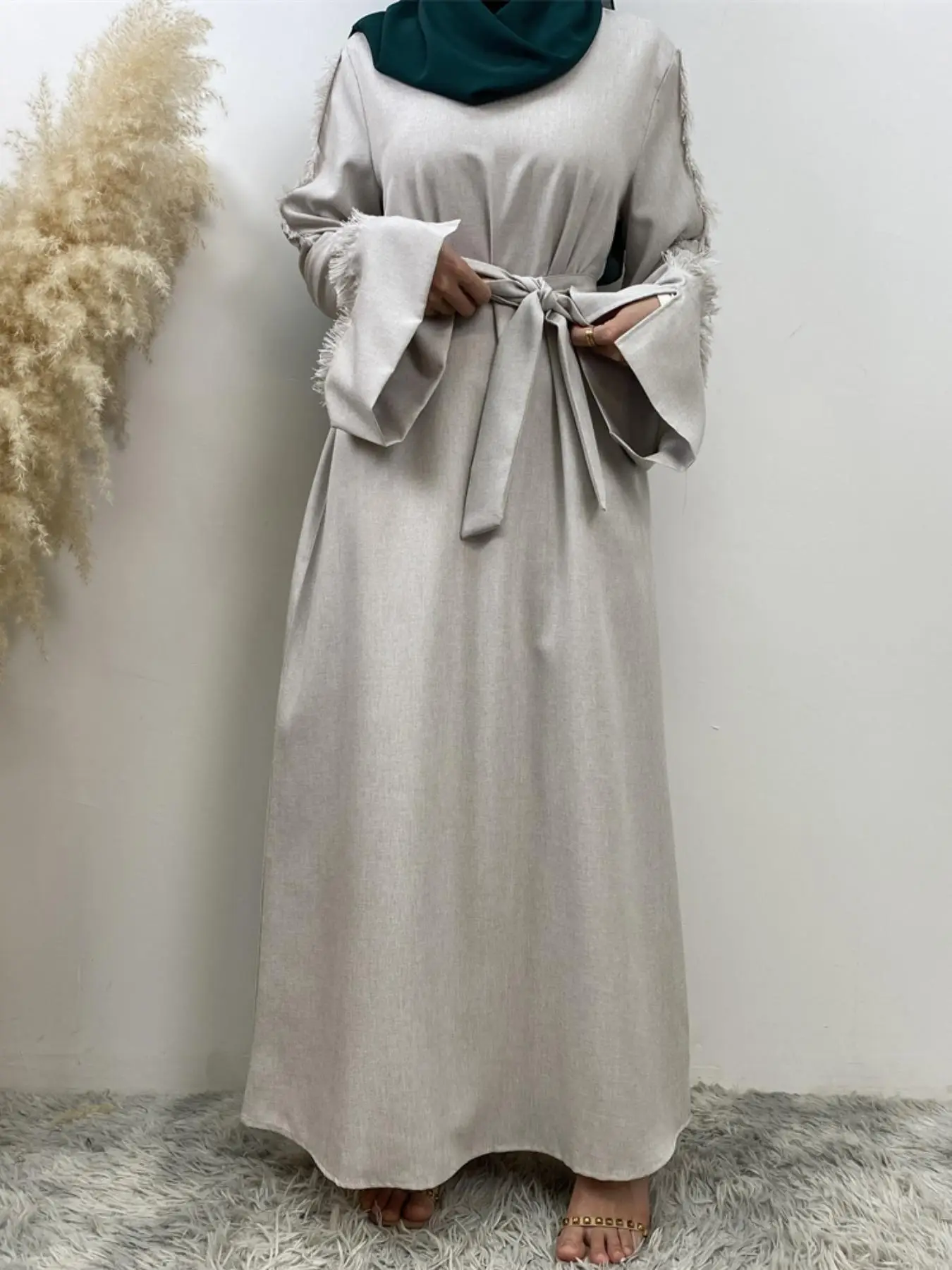 Women's Solid Belted Flounce Sleeve Dress, Modest Long Sleeve Round Neck Dress for Spring & Fall, Women's Islamic Clothing for Daily Wear