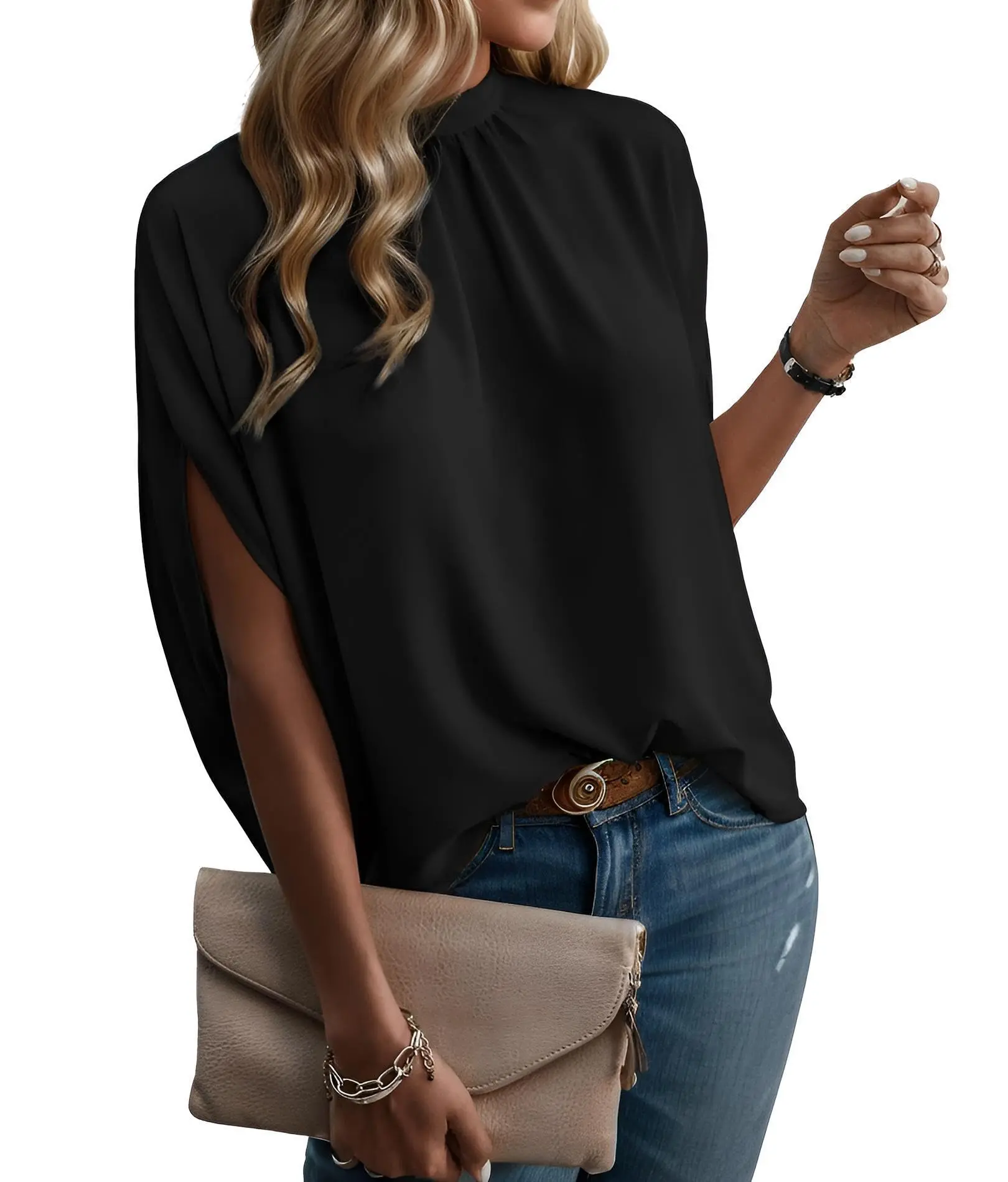 ZEAGOO Women's Mock Neck Batwing Sleeve Blouse, Elegant Dressy Casual Loose Fit Summer Tunic Top with Tie Back, Jeans, Skinny, Skirts, Garment, Trouser, Shirts, Elegance, Soft