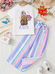 Girls' Crew Neck T-Shirt with Floral Print, Graphic Shirt, Graphic Tee, Casual Fit, Perfect for Spring, Summer, Autumn, All Seasons, No Bottoms Included