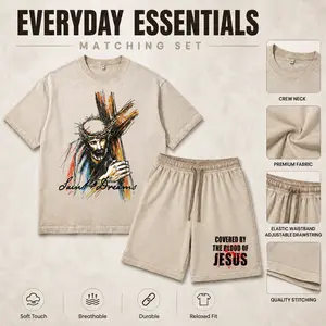 Blood Of Jesus Oversized Vintage Washed Tshirt & Short Set Streetwear Graphic Print 2 Piece Matching Set, Y2K Hip Hop outdoorfun