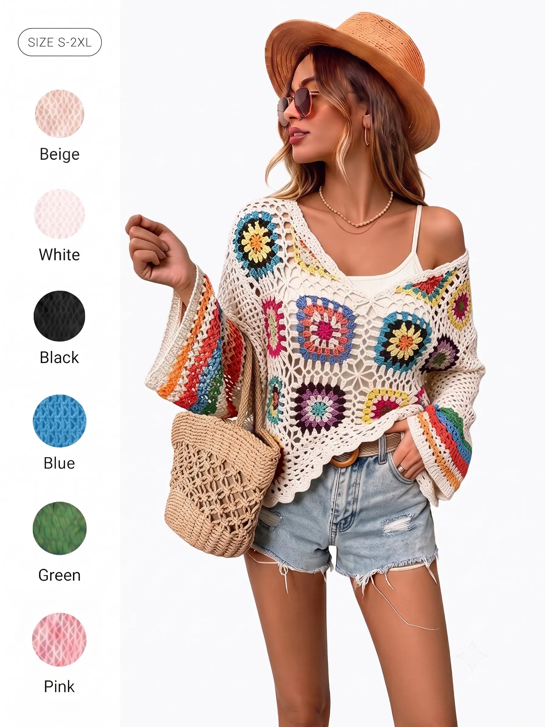 IDEALSANXUN Women's Crochet Flower Polyester Knit Pullover - Boho Ruffle Cropped Longline Cardigan, Spring Summer Beachwear Coverup, Lightweight Casual Outfit for Bathing Suit Pairing, Bathing Suit Coverup, Casual Cover Up