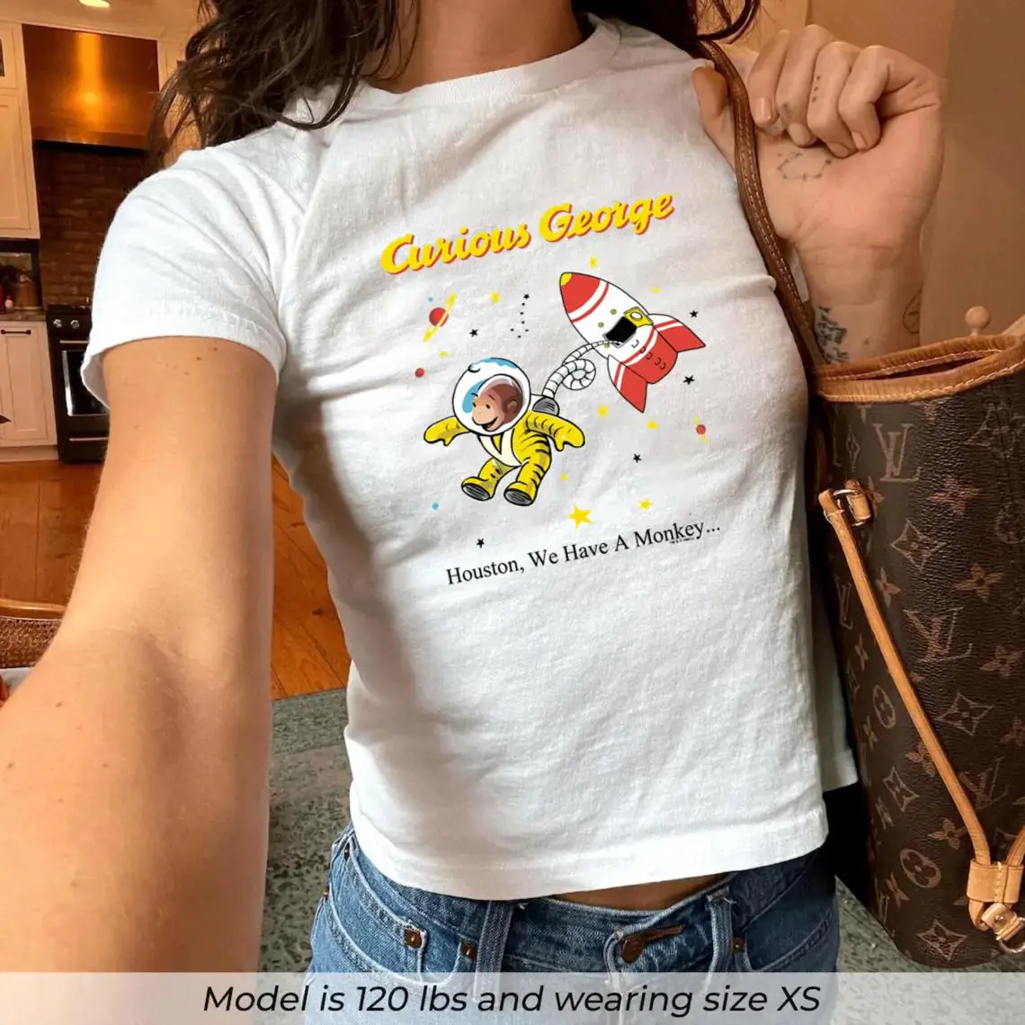 Light Blue Curious Monkey Baby Tee, Vintage Y2K Cartoon Top