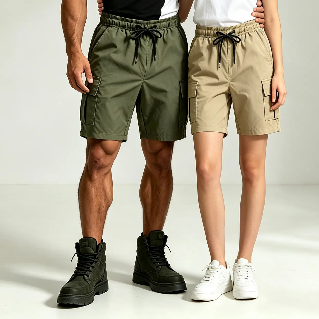 Matching couple stretch cargo shorts, soft elastic fabric, relaxed loose fit for summer everyday wear | Unisex couple cargo shorts, 95% polyester, 5% spandex, lightweight slight stretch, loose fit, drawstring casual work shorts, sizes S–2XL